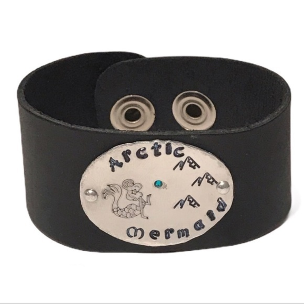 Handmade stamped‎ arctic mermaid Swarovski crystal metal 100% leather bracelet